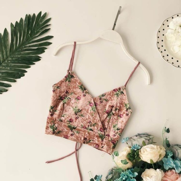 Retro Rose Coloured Floral Velvet Crop Tank - Picture 2 of 6